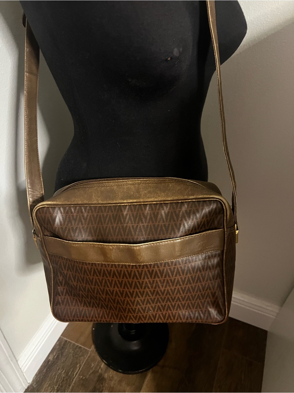 Vintage Mario Valentino Monogram Crossbody Bag Brown Leather Coated Canvas Vtg